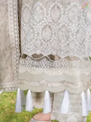 Close-up of embroidery detailing on neckline and sleeves of shirt