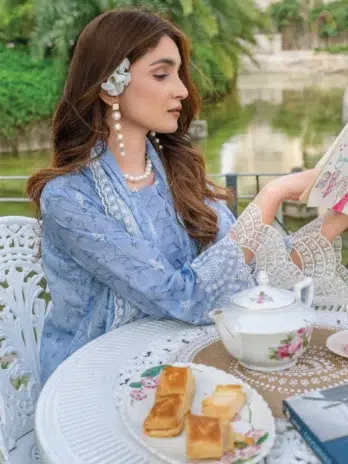 Close-up of embroidery and digital print on Aalaya lawn shirt