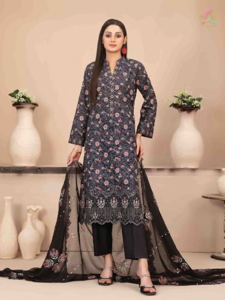 Mira Nur By Tawakkal D-1364 front view with embroidered digital printed lawn shirt and chiffon dupatta.