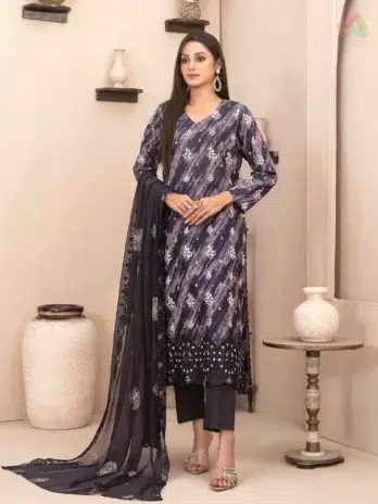 Mira Nur D-1368 front view with jaal & daman embroidery on printed lawn shirt