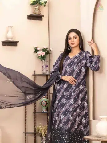 Complete Mira Nur D-1368 outfit with chiffon dupatta and plain shalwar