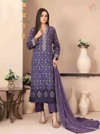 Mira Nur D-1369 front view showing jaal embroidery on digital printed lawn shirt