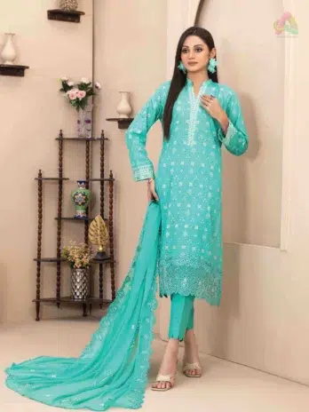 Front view of Mira Nur D-1370 showing jaal embroidery on digital lawn