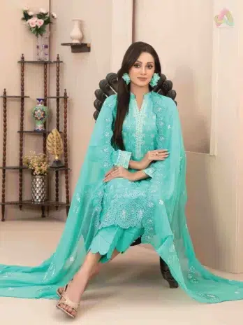 Full outfit view of Mira Nur By Tawakkal D-1370 with dupatta and shalwar