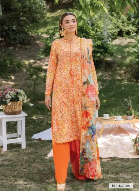 Front view of Morja by Gulljee Vol 4 D-01 showcasing digital printed lawn with boring embroidery and traditional festive patterns.