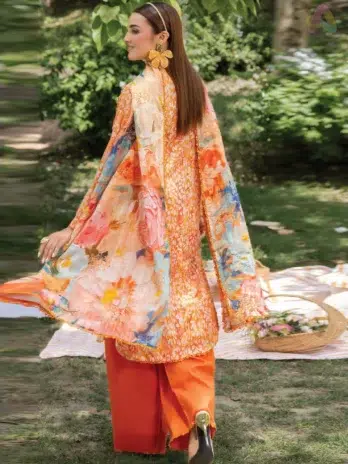 Back view of Morja by Gulljee Vol 4 D-01 showing the digitally printed lawn back and sleeves in vibrant summer tones.