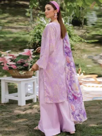 Back view of Morja by Gulljee Vol 4 D-02 showing coordinated digital prints on lawn back and sleeves for a complete look.