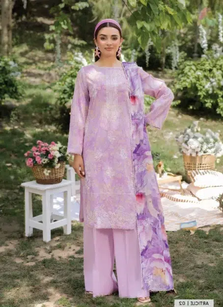 Front view of Morja by Gulljee Vol 4 D-02 highlighting the digitally printed boring embroidered front design with festive summer patterns.