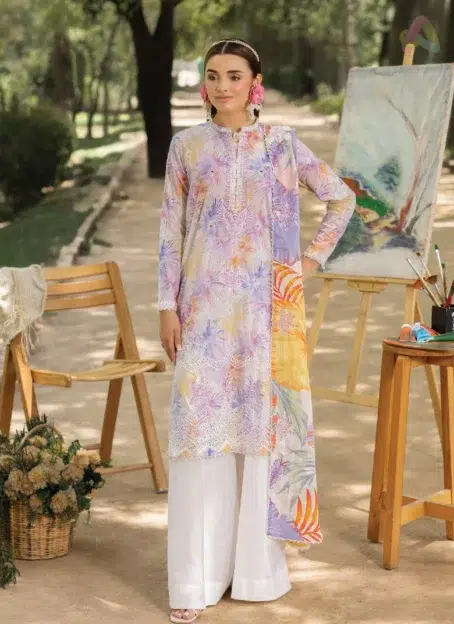 Front view of Morja by Gulljee Vol 4 D-03 showcasing digitally printed boring embroidery on the lawn shirt with festive flair.