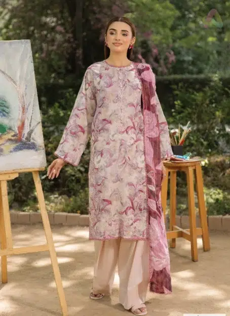 Front view of Morja by Gulljee Vol 4 D-04 showing vibrant digital print and embroidery on lawn fabric, ideal for Eid and festive wear.