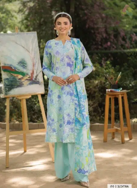 Front view of Morja by Gulljee Vol 4 D-05 showing printed and embroidered lawn shirt with elegant boring design for festive wear.