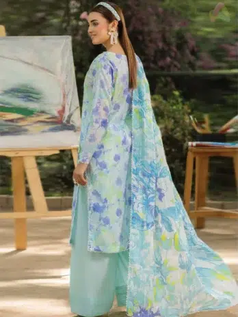 Back view of Morja by Gulljee Vol 4 D-05 highlighting printed lawn back and sleeves with complementary patterns.