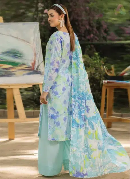 Back view of Morja by Gulljee Vol 4 D-05 highlighting printed lawn back and sleeves with complementary patterns.