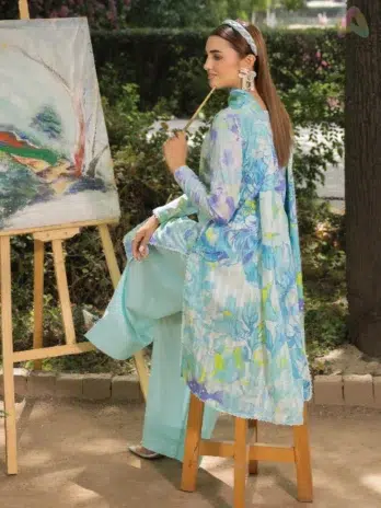 Close-up of zari fancy lawn dupatta and neckline embroidery from Morja by Gulljee Vol 4 D-05, displaying detailed craftsmanship.