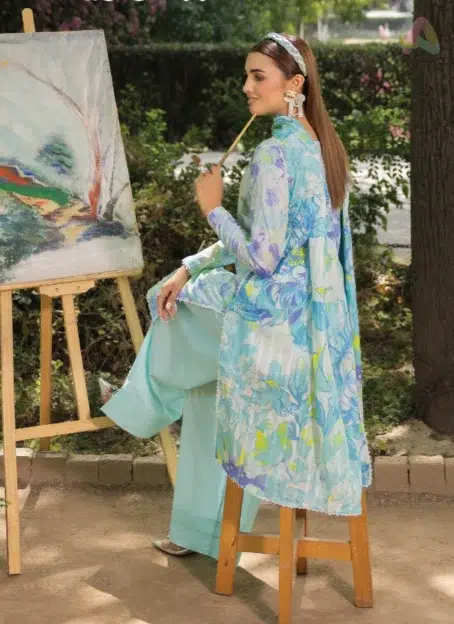 Close-up of zari fancy lawn dupatta and neckline embroidery from Morja by Gulljee Vol 4 D-05, displaying detailed craftsmanship.