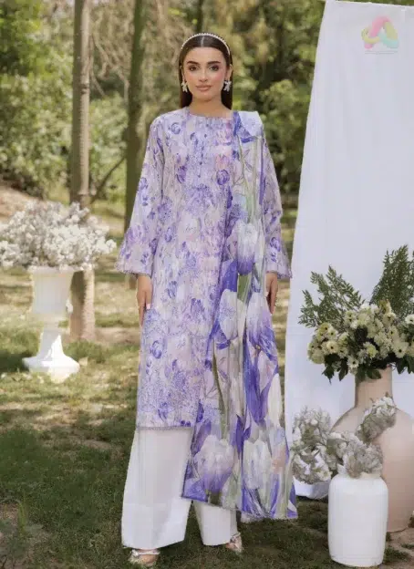 Front view of Morja by Gulljee Vol 4 D-06 featuring embroidered lawn shirt with boring design for summer and festive events.