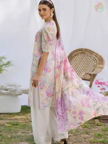 Back view of Morja by Gulljee Vol 4 D-07 featuring printed lawn back and sleeves with elegant motifs and summer-perfect colors.