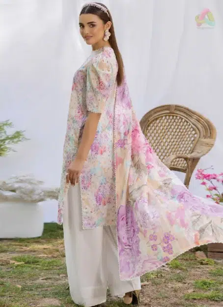 Back view of Morja by Gulljee Vol 4 D-07 featuring printed lawn back and sleeves with elegant motifs and summer-perfect colors.