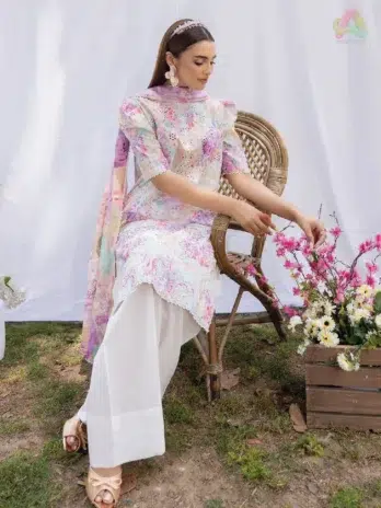 Close-up of zari embroidered dupatta and shirt neckline of Morja by Gulljee Vol 4 D-07 showing intricate details and premium finishing.