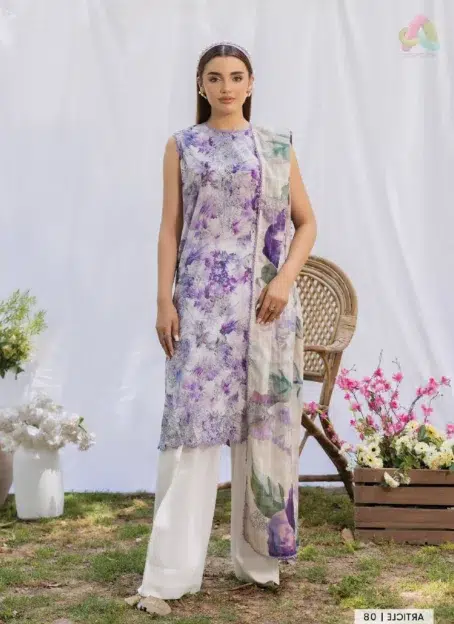 Front view of Morja by Gulljee Vol 4 D-08 showcasing the embroidered boring digital lawn shirt with intricate detailing and vibrant festive colors.