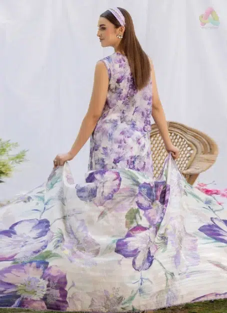 Back image of Morja by Gulljee Vol 4 D-08 with digital printed sleeves and back, styled for summer elegance and comfort.