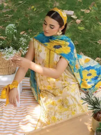 Close-up of zari embroidered dupatta and neckline in Morja by Gulljee Vol 4 D-09, emphasizing texture, craftsmanship, and fine detail.