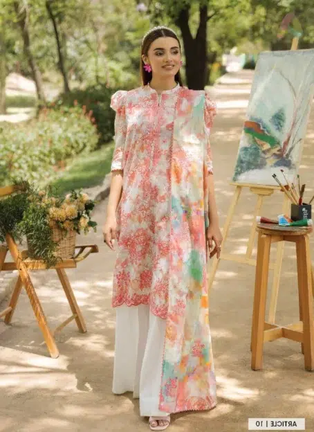 Front view of Morja by Gulljee Vol 4 D-10 showing boring embroidery on digitally printed lawn shirt—perfect for summer elegance and traditional style.