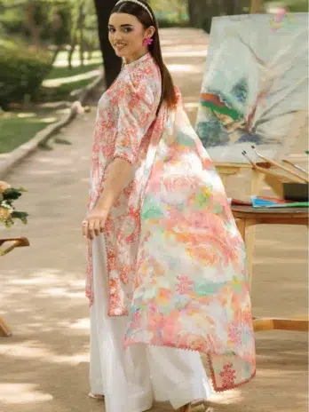 Back side of Morja by Gulljee Vol 4 D-10 with printed lawn sleeves and shirt back, capturing summer tones from the Gulljee lawn 2025 collection.