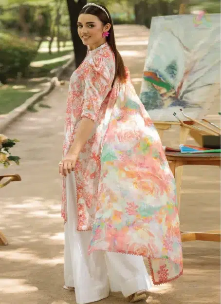 Back side of Morja by Gulljee Vol 4 D-10 with printed lawn sleeves and shirt back, capturing summer tones from the Gulljee lawn 2025 collection.