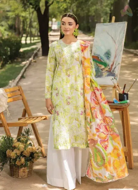 Front view of Morja by Gulljee Vol 4 D-11 showing boring embroidered front on printed lawn shirt – part of Gulljee lawn 2025 summer collection.