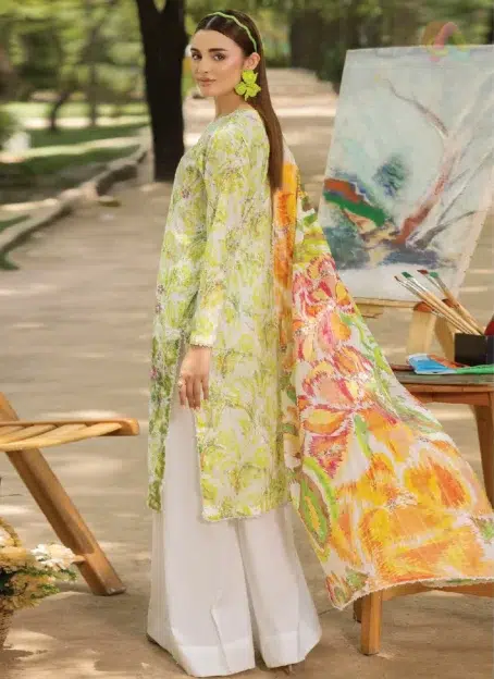 Back view of Morja by Gulljee D-11 with digital printed lawn back and sleeves – showcasing elegant summer design from Gulljee clothing.