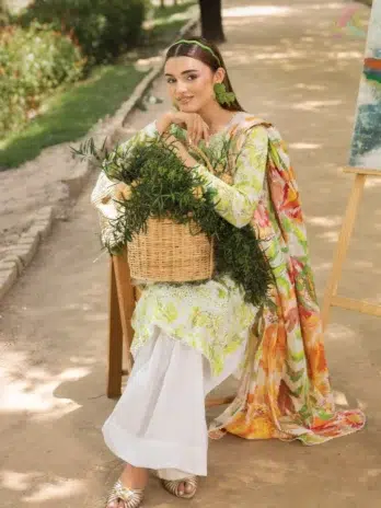 Close-up showing fabric details of D-11’s zari-embroidered dupatta and shirt texture—from Gulljee’s Eid collection 2025.