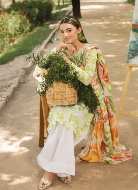 Close-up showing fabric details of D-11’s zari-embroidered dupatta and shirt texture—from Gulljee’s Eid collection 2025.