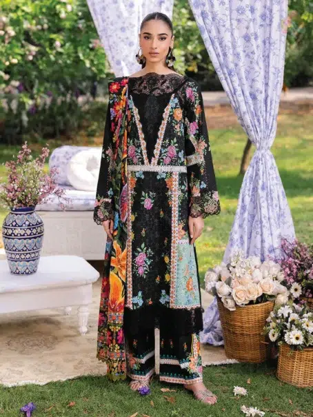 Rajbari Schiffli Printkari D-03 front view with Schiffli embroidery and lace details