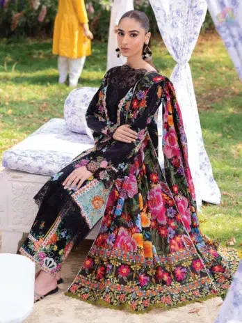 Full view of Rajbari Schiffli Printkari D-03 3-piece lawn suit