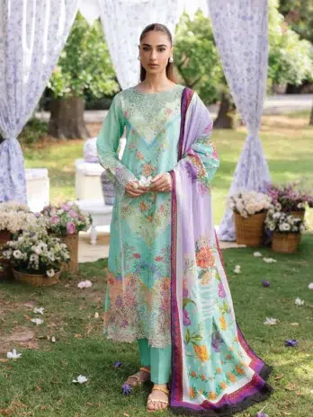 Front view of Rajbari Schiffli Printkari D-05 with Schiffli embroidery and lace detail