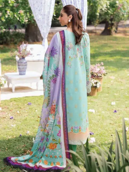 Back design of Rajbari Schiffli Printkari D-05 with digital lawn print and embroidery
