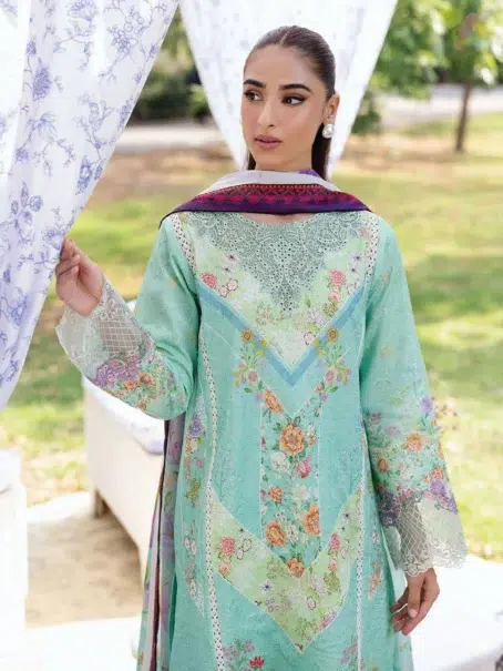 Close-up of Schiffli embroidery and lace neckline on Rajbari D-05