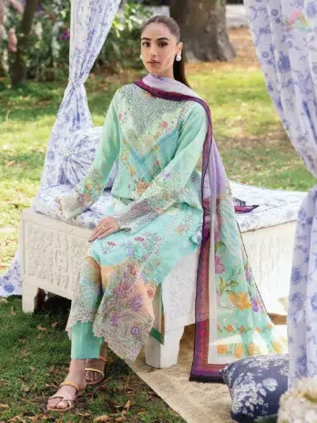 Full outfit view of Rajbari Schiffli Printkari D-05 3-piece lawn suit