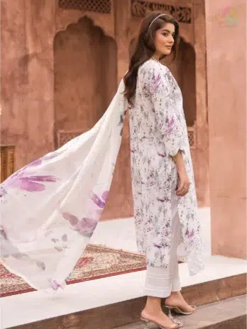 Back view of model wearing Sanam Saeed by Puri Fabrics D-02, highlighting the digital printed design and premium lawn fabric.