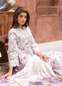 Full-length image of model in Sanam Saeed by Puri Fabrics D-02 3-piece suit with chiffon dupatta, perfect for summer or Eid wear.