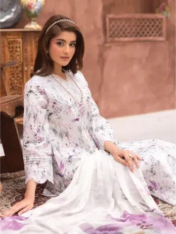 Full-length image of model in Sanam Saeed by Puri Fabrics D-02 3-piece suit with chiffon dupatta, perfect for summer or Eid wear.