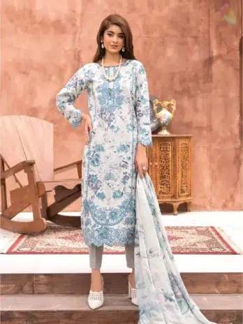 Model wearing Sanam Saeed by Puri Fabrics D-03 front view, showcasing digital printed embroidery on lawn shirt with elegant festive details.