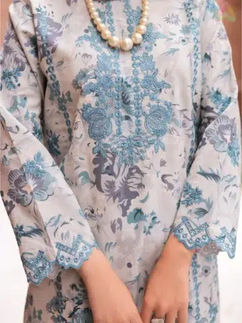 Close-up of Sanam Saeed by Puri Fabrics D-03 embroidery on lawn fabric with a focus on digital print and thread detailing.
