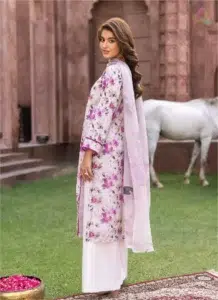 Sanam Saeed by Puri Fabrics D-04 back view shows the model wearing a digitally printed design with elegant sleeve details in a summer backdrop.