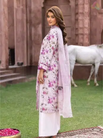 Sanam Saeed by Puri Fabrics D-04 back view shows the model wearing a digitally printed design with elegant sleeve details in a summer backdrop.