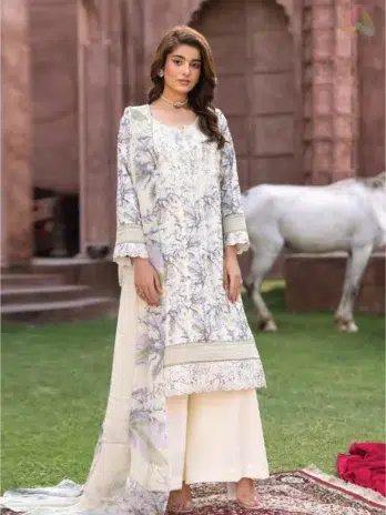 Model showcasing the front of Sanam Saeed by Puri Fabrics D-05 with embroidered lawn shirt and seasonal summer styling for festive appeal.