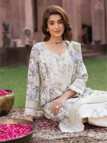 Close-up of Sanam Saeed by Puri Fabrics D-05 embroidery and digital print details, highlighting fabric texture and thread precision.