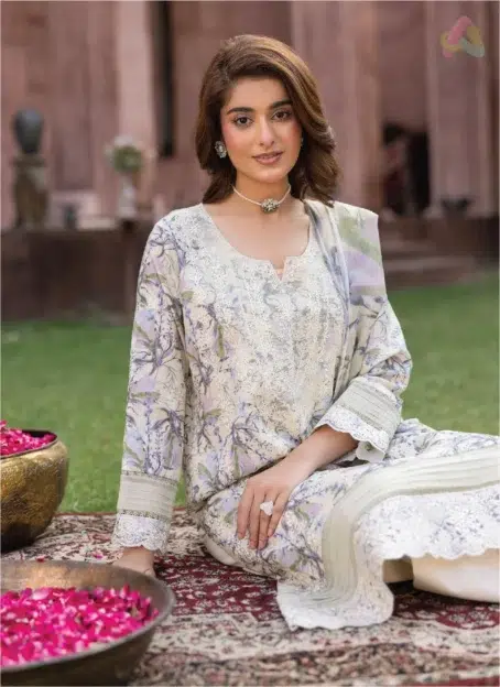 Close-up of Sanam Saeed by Puri Fabrics D-05 embroidery and digital print details, highlighting fabric texture and thread precision.