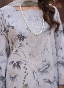 Close-up of embroidery and digital print details on Sanam Saeed by Puri Fabrics D-06, highlighting premium craftsmanship.